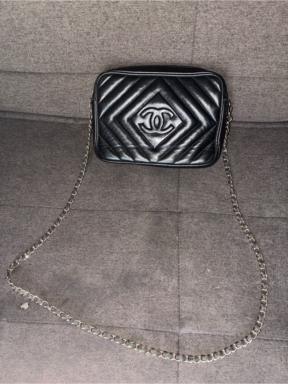 CHANEL Black Quilted Chevron Camera Crossbody with Chain Strap